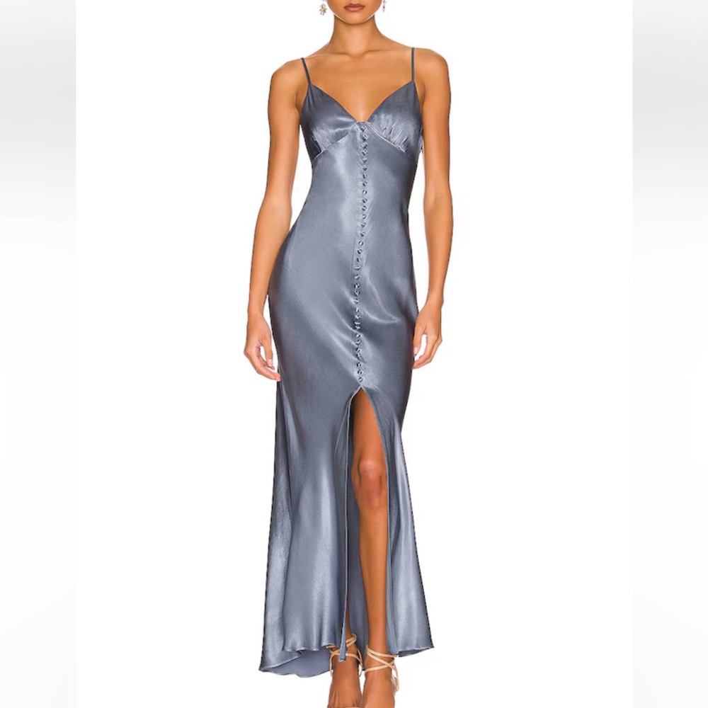 Shona Joy Silver Satin Slip Gown with Front Buttons